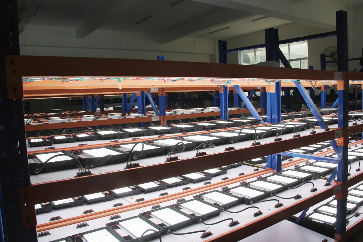 Aging racks of flashlights running a 24-hour continuous-on burn-in cycle