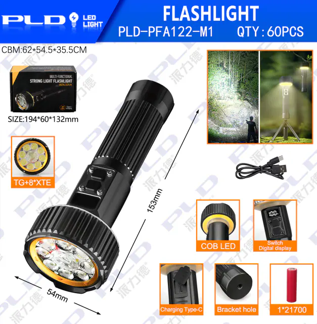 Zoomable COB Side Light Flashlight with Stepless Dimming